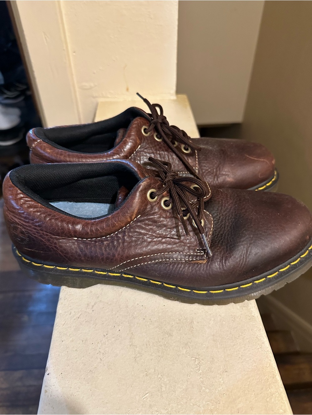 Dr. Martens Brown Leather Derby Shoes with Yellow Stitching